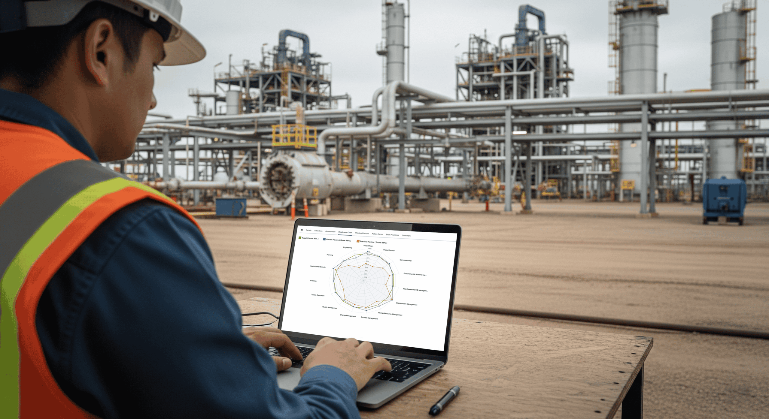 Construction worker on a laptop reviewing construction readiness at a construction site