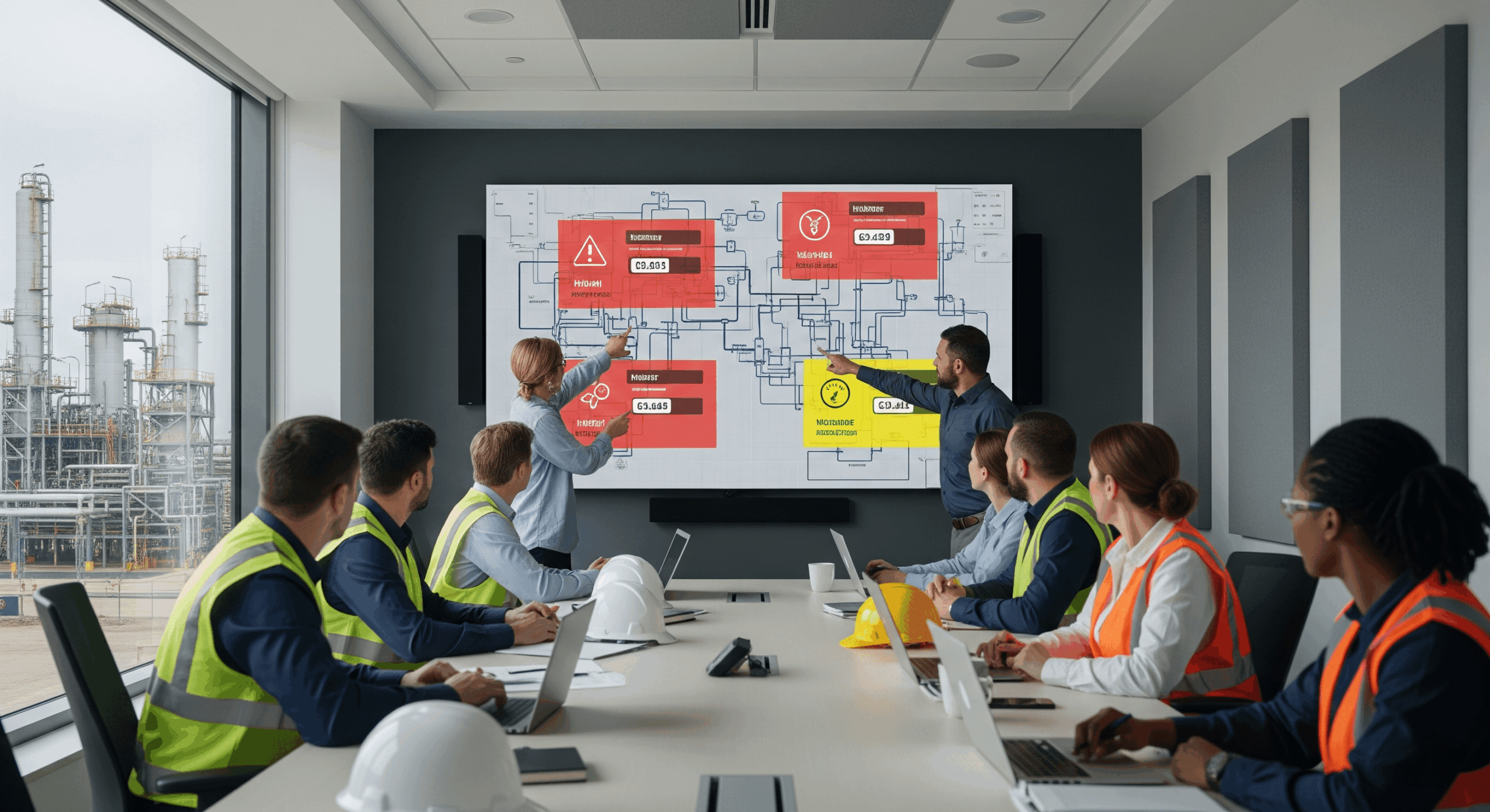 A team off workers sitting around a table brainstorming at a whiteboard