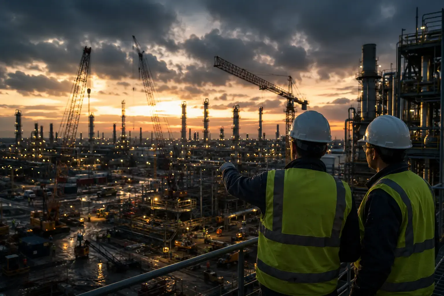 Construction workers in hard hats overlooking a large construction site
