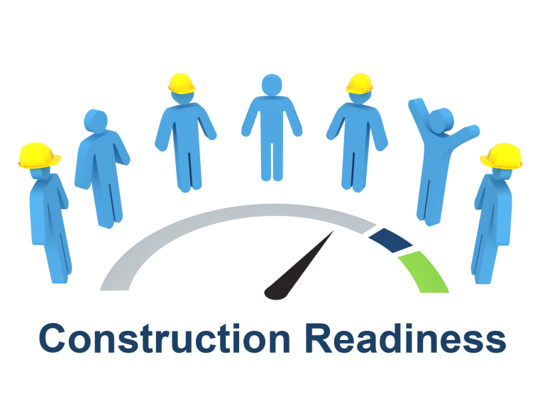 Image of a scale assessing construction readiness, represented by figures and the dial leaning to the far right with a happy figure showing readiness